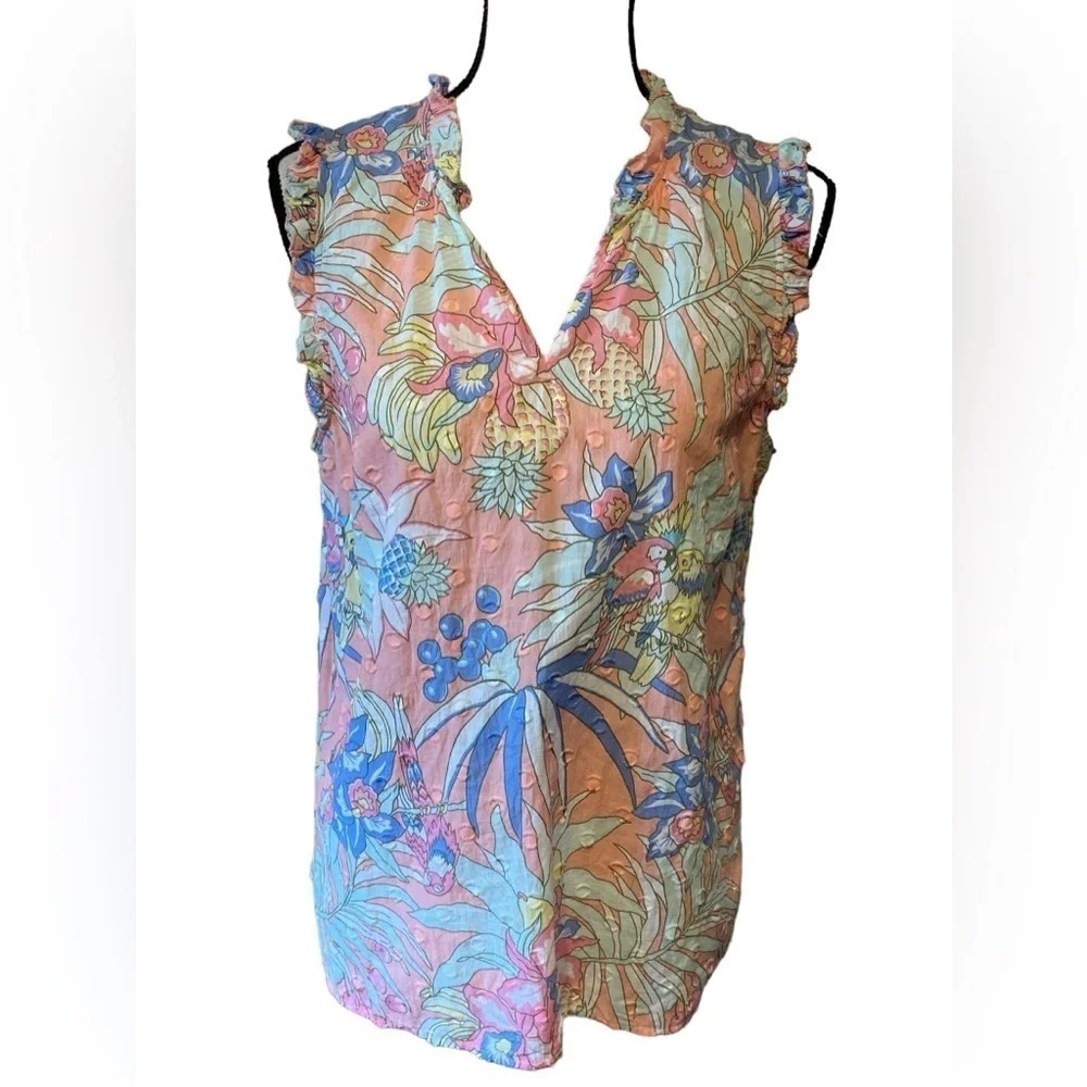 Talbots Floral Ruffled V-Neck Sleeveless Top - Peach, Blue, Green